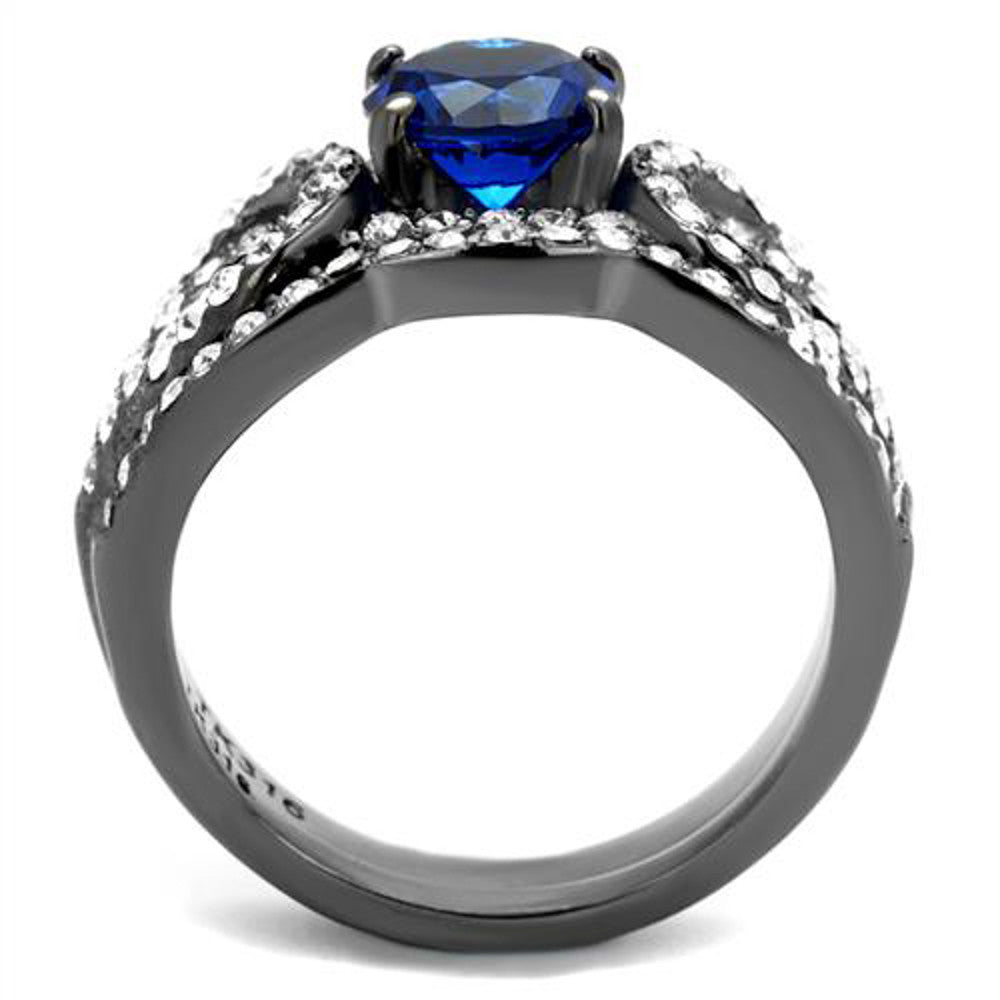 ARTK2740 Womens London Blue Synthetic Spinel Light Black Stainless Steel Wedding Ring Set